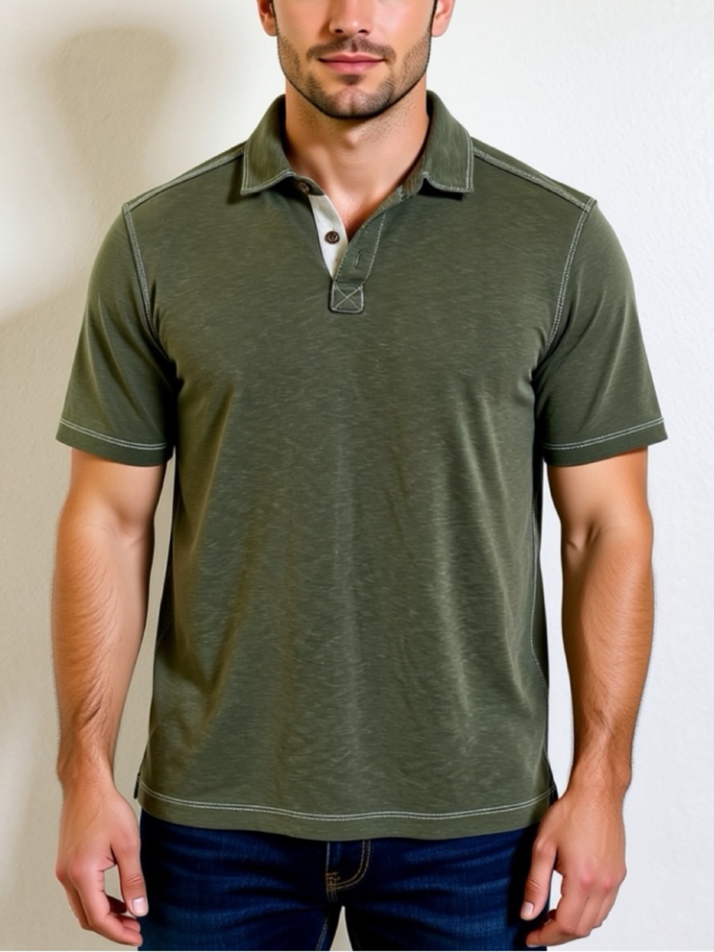 Johnston & Murphy Olive Green Short-Sleeve Polo with Contrast Placket - Picture 1 of 6